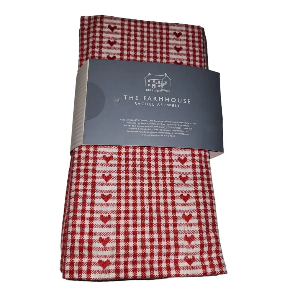 Rachel Ashwell 6pc Red and White Checkered Napkin Set Embroidered Hearts‎ NEW